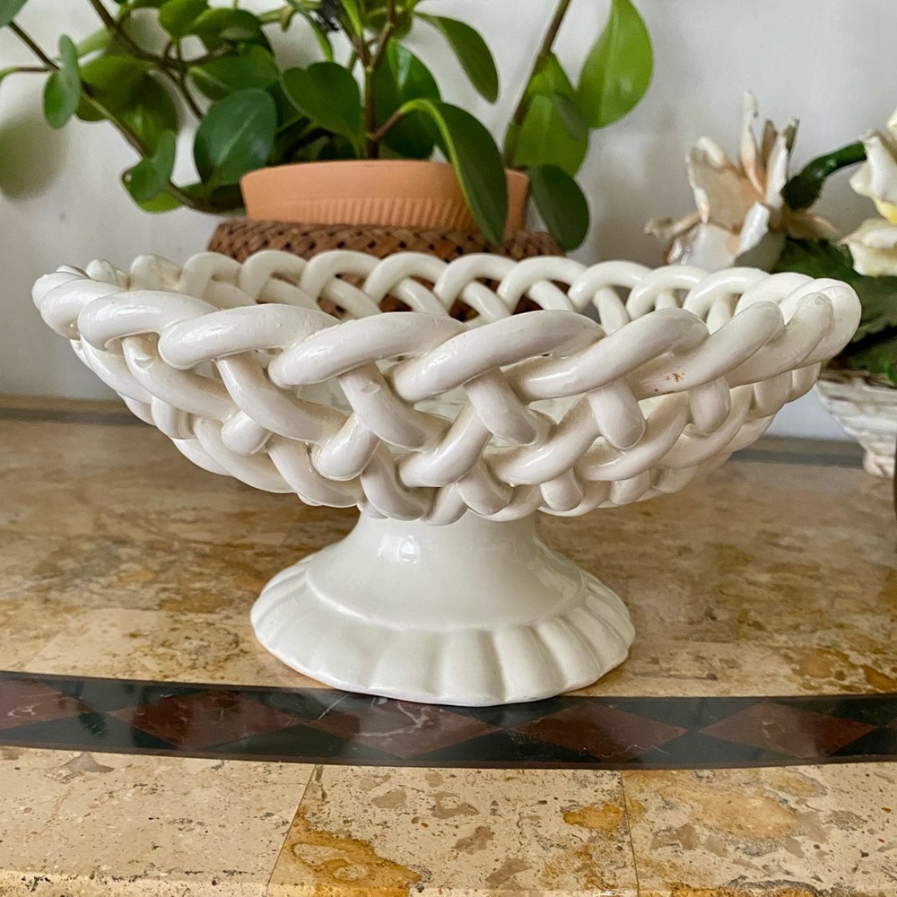 Vintage Woven Ceramic Pedestal Bowl - White